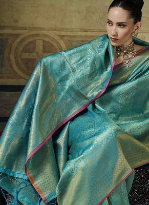sky blue pink silk blend with handloom weaving festive wear saree 3