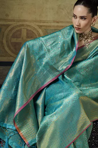 sky blue pink silk blend with handloom weaving festive wear saree