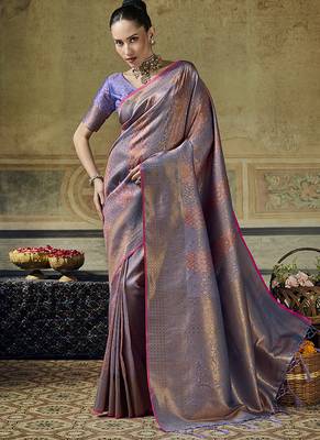 gray pink silk blend with handloom weaving festive wear saree 1