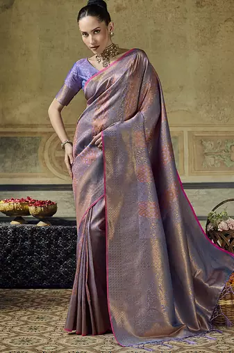 gray pink silk blend with handloom weaving festive wear saree