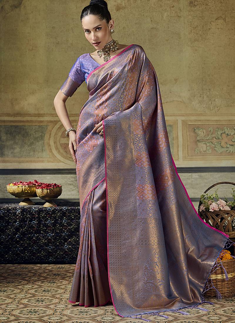 gray pink silk blend with handloom weaving festive wear saree