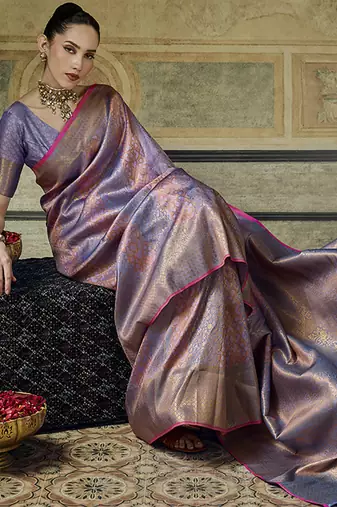 gray pink silk blend with handloom weaving festive wear saree