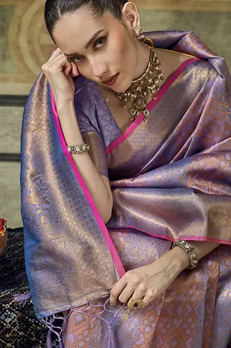 gray pink silk blend with handloom weaving festive wear saree