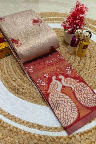 Cream Red color art silk blend sarees with blouse