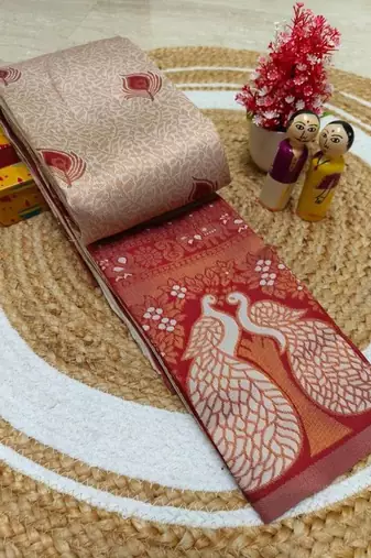 Cream Red color art silk blend sarees with blouse