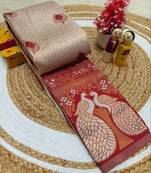 Cream Red color art silk blend sarees with blouse