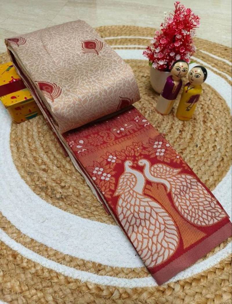 Cream Red color art silk blend sarees with blouse