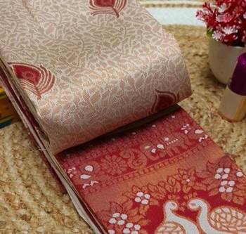 Cream Red color art silk blend sarees with blouse 2