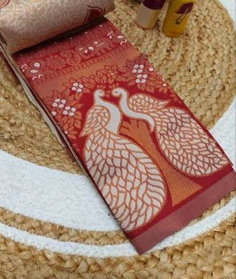 Cream Red color art silk blend sarees with blouse 3