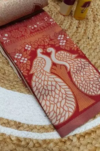 Cream Red color art silk blend sarees with blouse