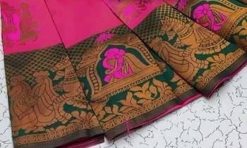 Pink Green color art silk blend sarees with blouse 4