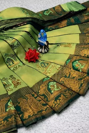 Pista green color art silk blend sarees with blouse