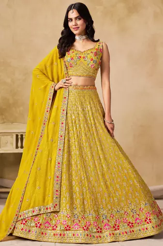 Women's Yellow Zari Thread Sequin Embroidery Work Lehenga Choli