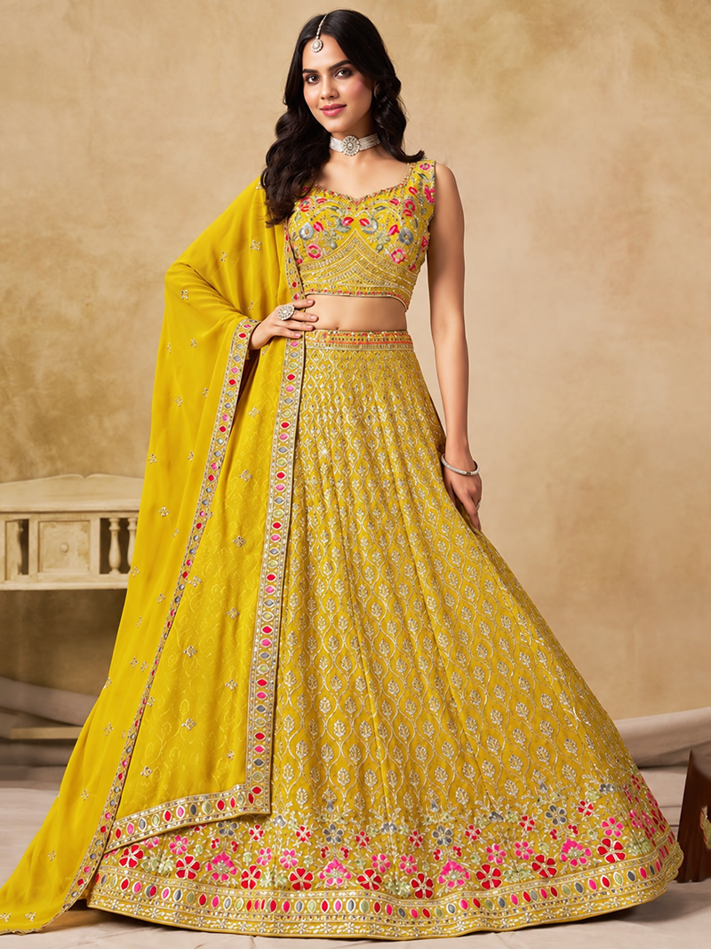 Women's Yellow Zari Thread Sequin Embroidery Work Lehenga Choli