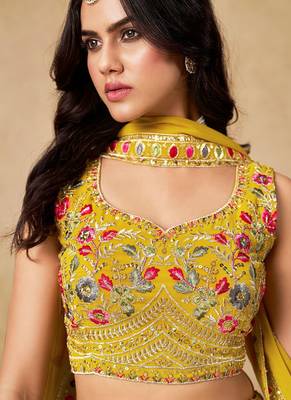 Women's Yellow Zari Thread Sequin Embroidery Work Lehenga Choli 2