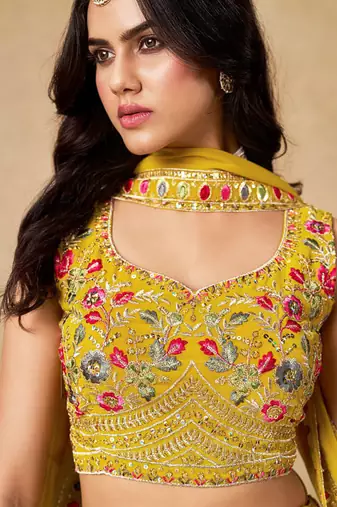 Women's Yellow Zari Thread Sequin Embroidery Work Lehenga Choli