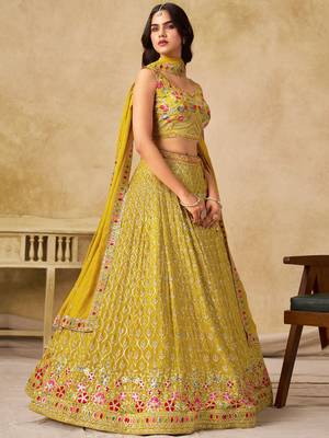 Women's Yellow Zari Thread Sequin Embroidery Work Lehenga Choli 3
