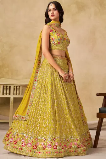 Women's Yellow Zari Thread Sequin Embroidery Work Lehenga Choli