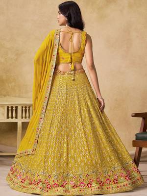 Women's Yellow Zari Thread Sequin Embroidery Work Lehenga Choli 4