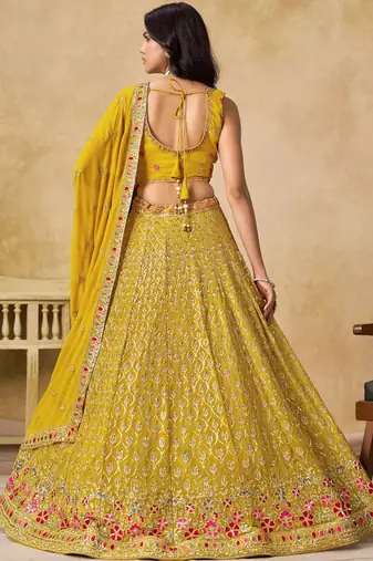Women's Yellow Zari Thread Sequin Embroidery Work Lehenga Choli
