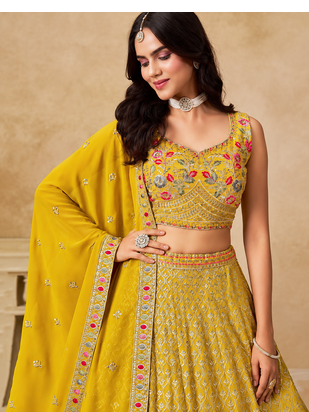 Women's Yellow Zari Thread Sequin Embroidery Work Lehenga Choli 5