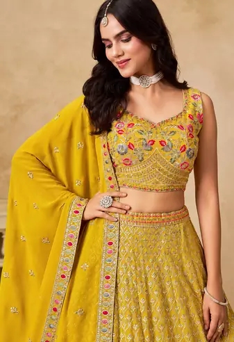 Women's Yellow Zari Thread Sequin Embroidery Work Lehenga Choli