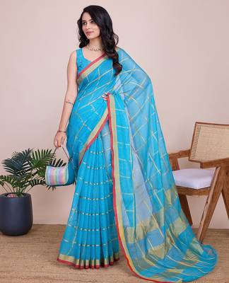 Blue kota doriya cotton silk saree with blouse 1