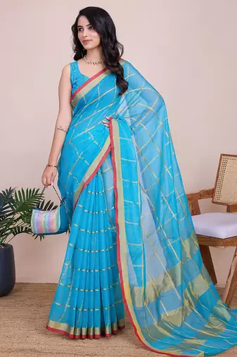 Blue kota doriya cotton silk saree with blouse