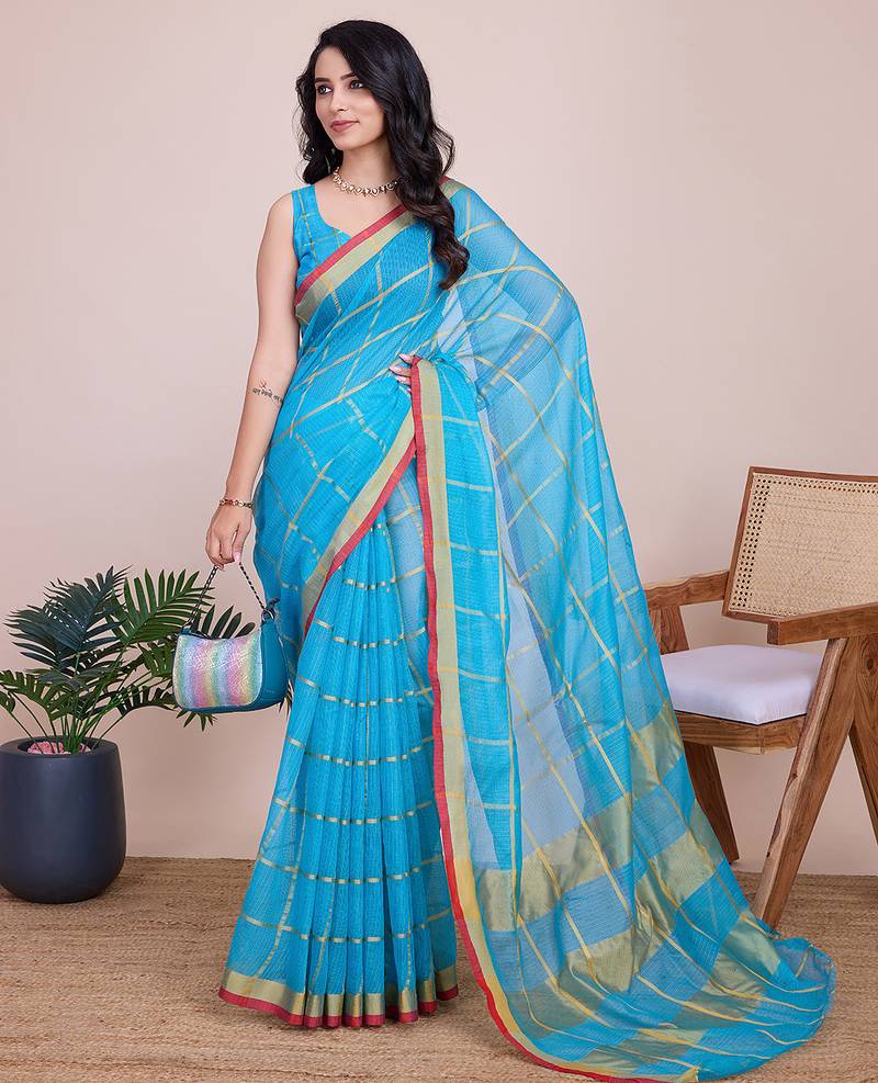 Blue kota doriya cotton silk saree with blouse