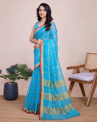 Blue kota doriya cotton silk saree with blouse 3