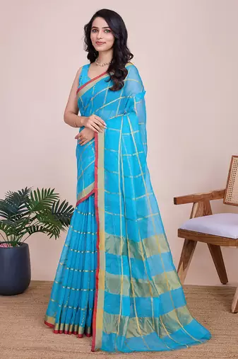 Blue kota doriya cotton silk saree with blouse