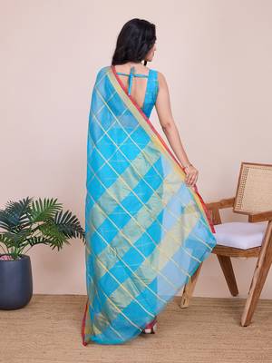 Blue kota doriya cotton silk saree with blouse 4