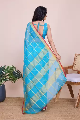 Blue kota doriya cotton silk saree with blouse