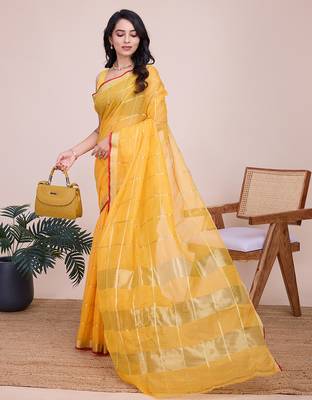Yellow kota doriya cotton silk saree with blouse 1