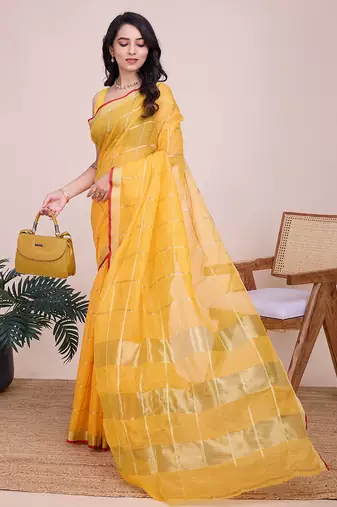 Yellow kota doriya cotton silk saree with blouse