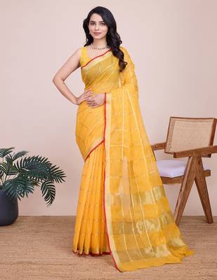 Yellow kota doriya cotton silk saree with blouse 2