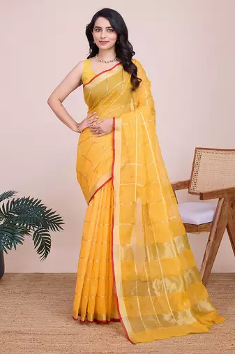 Yellow kota doriya cotton silk saree with blouse