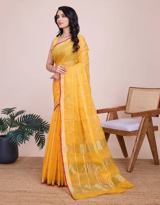 Yellow kota doriya cotton silk saree with blouse 3