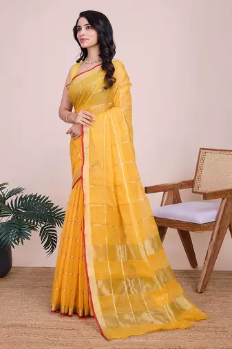 Yellow kota doriya cotton silk saree with blouse