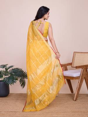 Yellow kota doriya cotton silk saree with blouse 4