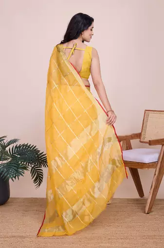Yellow kota doriya cotton silk saree with blouse