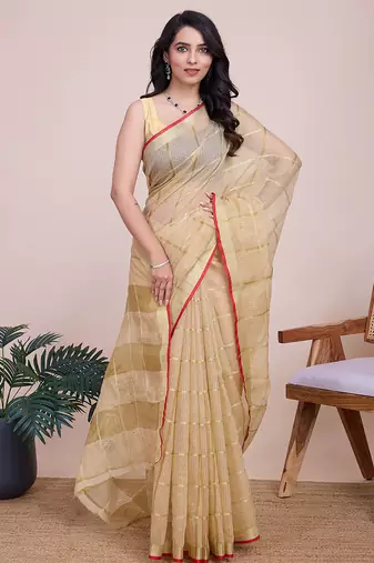 Cream kota doriya cotton silk saree with blouse