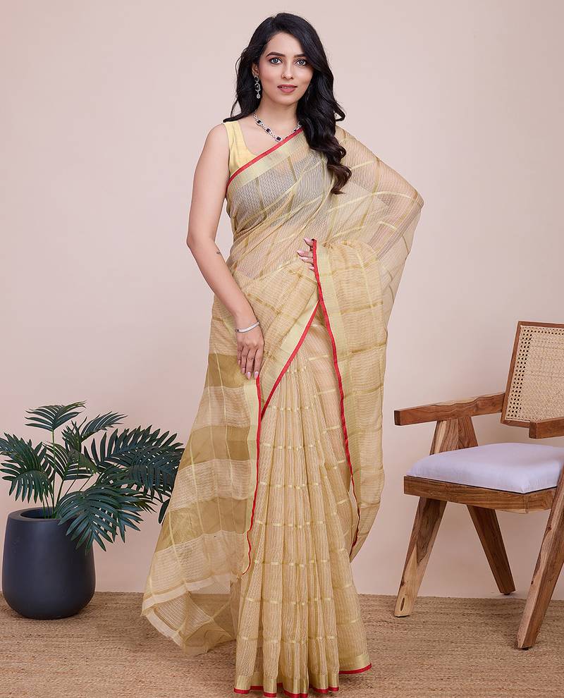 Cream kota doriya cotton silk saree with blouse