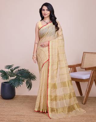 Cream kota doriya cotton silk saree with blouse 2