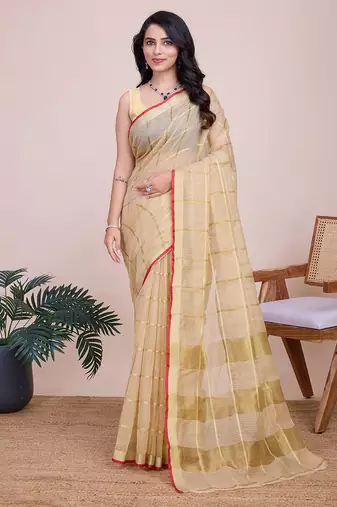 Cream kota doriya cotton silk saree with blouse