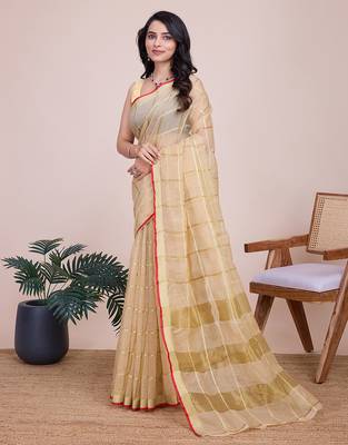 Cream kota doriya cotton silk saree with blouse 3