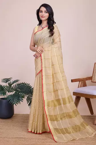 Cream kota doriya cotton silk saree with blouse