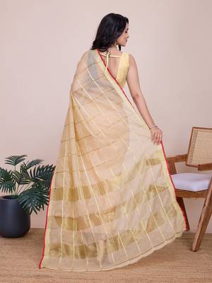 Cream kota doriya cotton silk saree with blouse 4