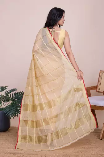 Cream kota doriya cotton silk saree with blouse