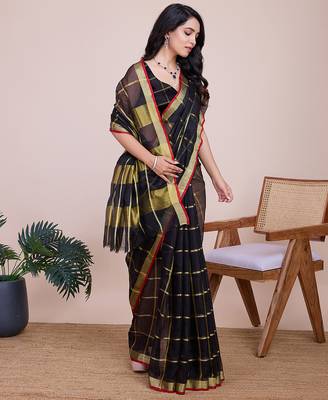 Black kota doriya cotton silk saree with blouse 1